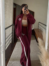 Velvet Two Piece Outfit for Women – Printed Zip Jacket and Casual Pants