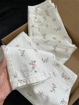White Floral Straight Jeans for Women