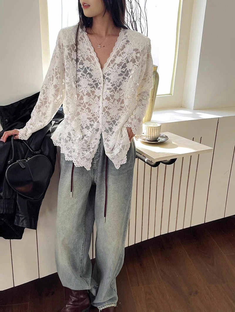 Y2K Lace Sheer Long Sleeve Blouse