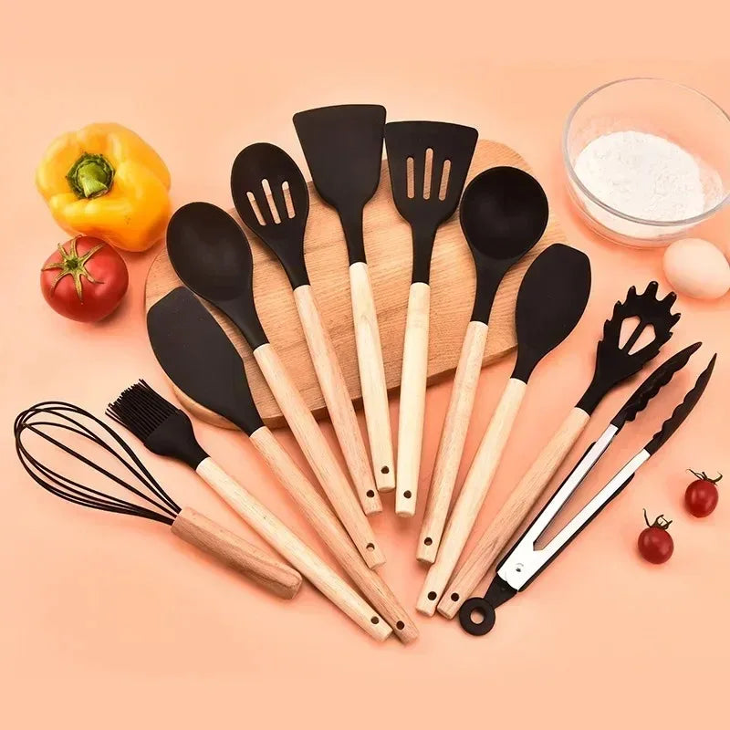 12PCS Silicone Kitchen Utensils Set – Non-Stick Cookware Tools with Wooden Handles
