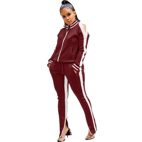 Women’s Two Piece Sports Casual Set – Patchwork Zipper Jacket and Pants