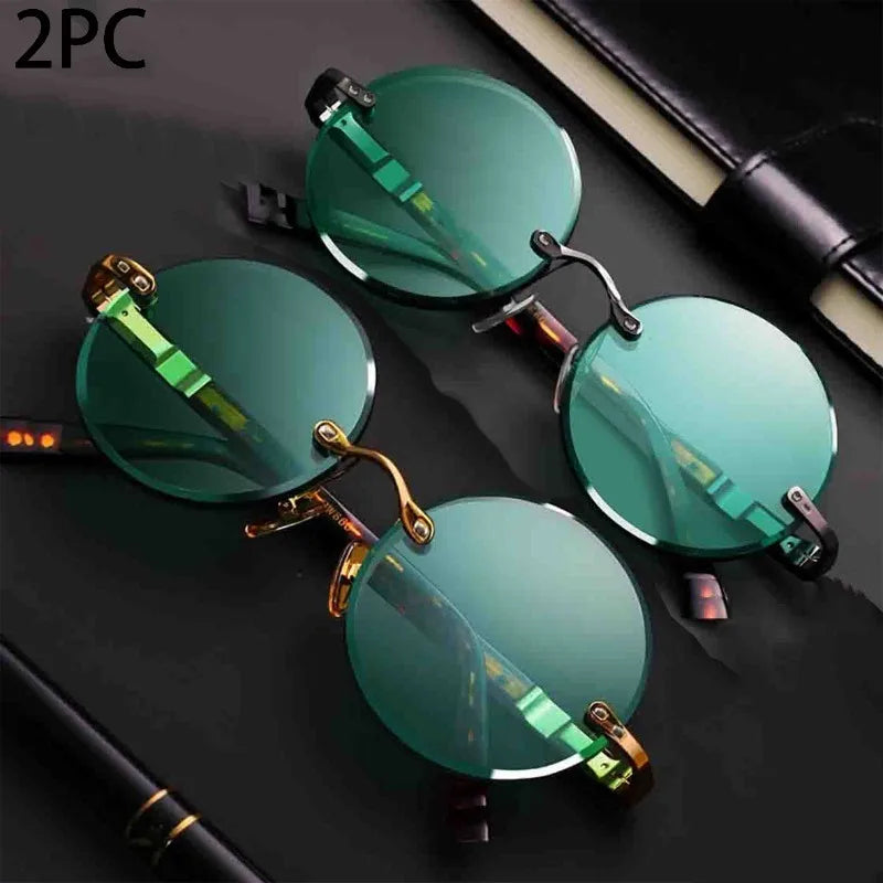 Fashion Rimless Sunglasses for Women & Men – Retro Round Frame with Crystal Dark Green Lens | Classic Outdoor Driving Eyewear