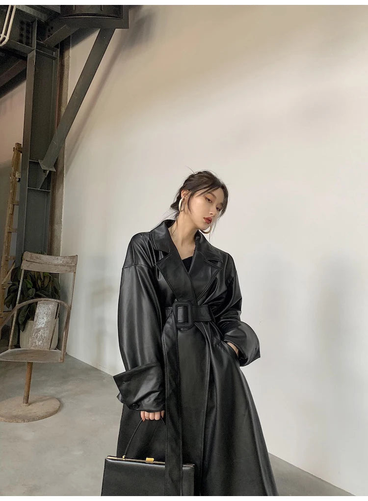 Lautaro Long Leather Trench Coat – Oversized Fall Streetwear for Women