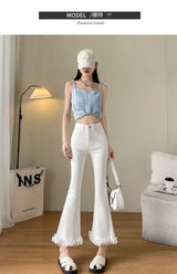 White Lace Spliced Flared Imitation Jeans for Women
