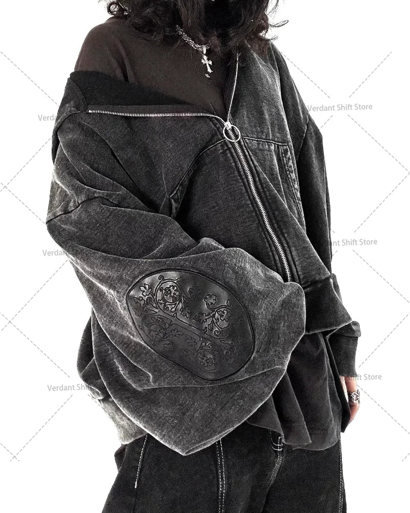 Retro Washed Embroidered Men's Hoodie Hip-Hop Streetwear Cotton Oversized Zip-Up Hooded Sweatshirt Stylish Couple's Activewear