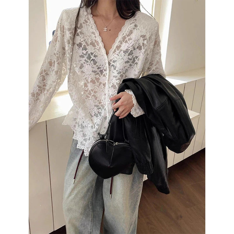 Y2K Lace Sheer Long Sleeve Blouse