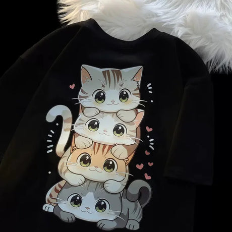 Cute Cartoon Cat Print T-shirt