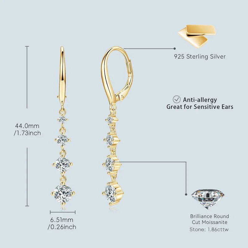 Anziw 42mm Moissanite Drop Earrings – 925 Sterling Silver Long Dangle Hoop Clip Earrings | Wedding Fine Jewelry Gift for Women
