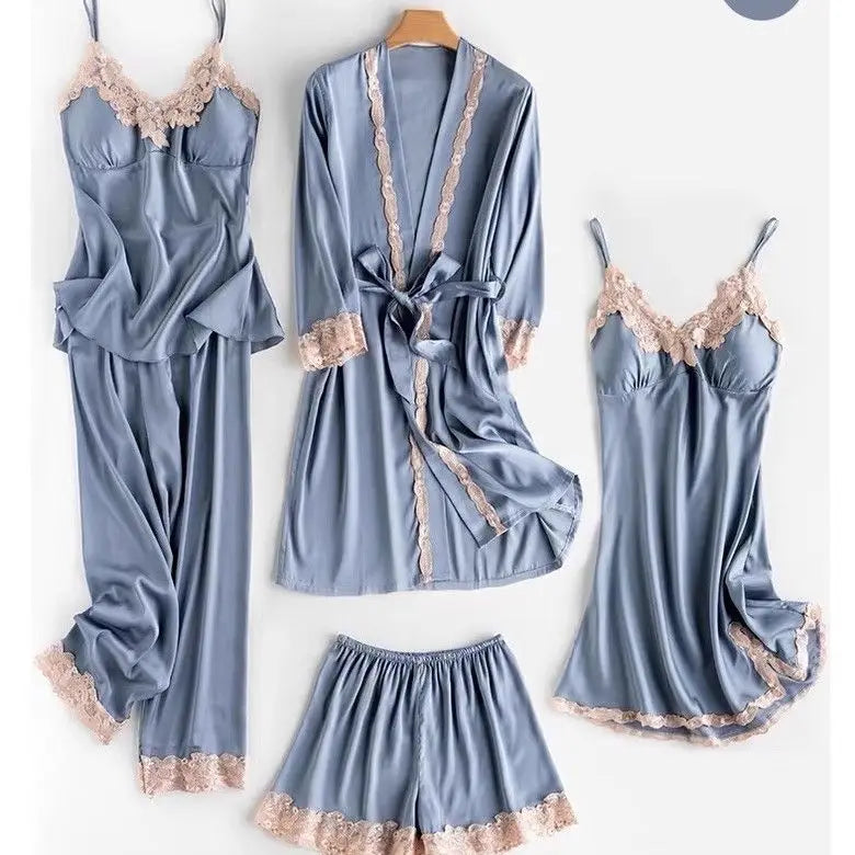 Women’s Satin Pajama Set – Lace Trim Sleepwear with Robe and Pants