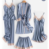 Women’s Satin Pajama Set – Lace Trim Sleepwear with Robe and Pants