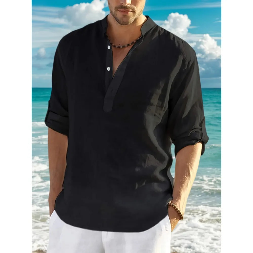 Men’s Classic Casual Stand-Up Collar V-Neck Long Sleeve Shirt