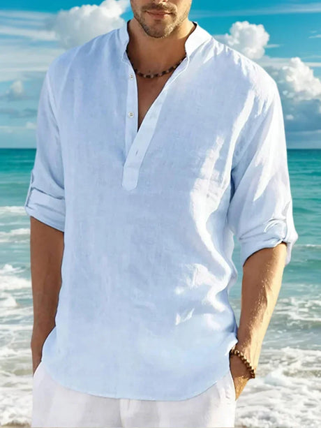 Men’s Classic Casual Stand-Up Collar V-Neck Long Sleeve Shirt