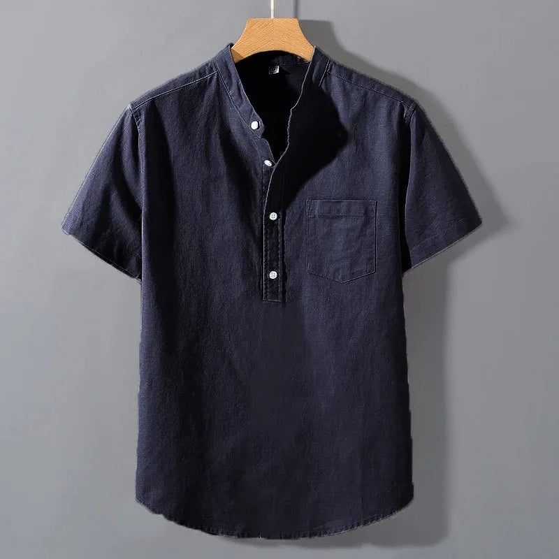 Men’s Short Sleeve Solid Color Stand Collar Cotton Shirt
