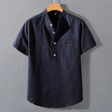 Men’s Short Sleeve Solid Color Stand Collar Cotton Shirt