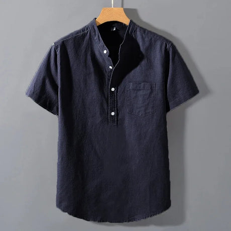 Men’s Short Sleeve Solid Color Stand Collar Cotton Shirt