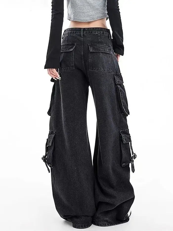 Black Gothic Punk Multi-Pocket Zipper Denim Jeans – Y2K Baggy