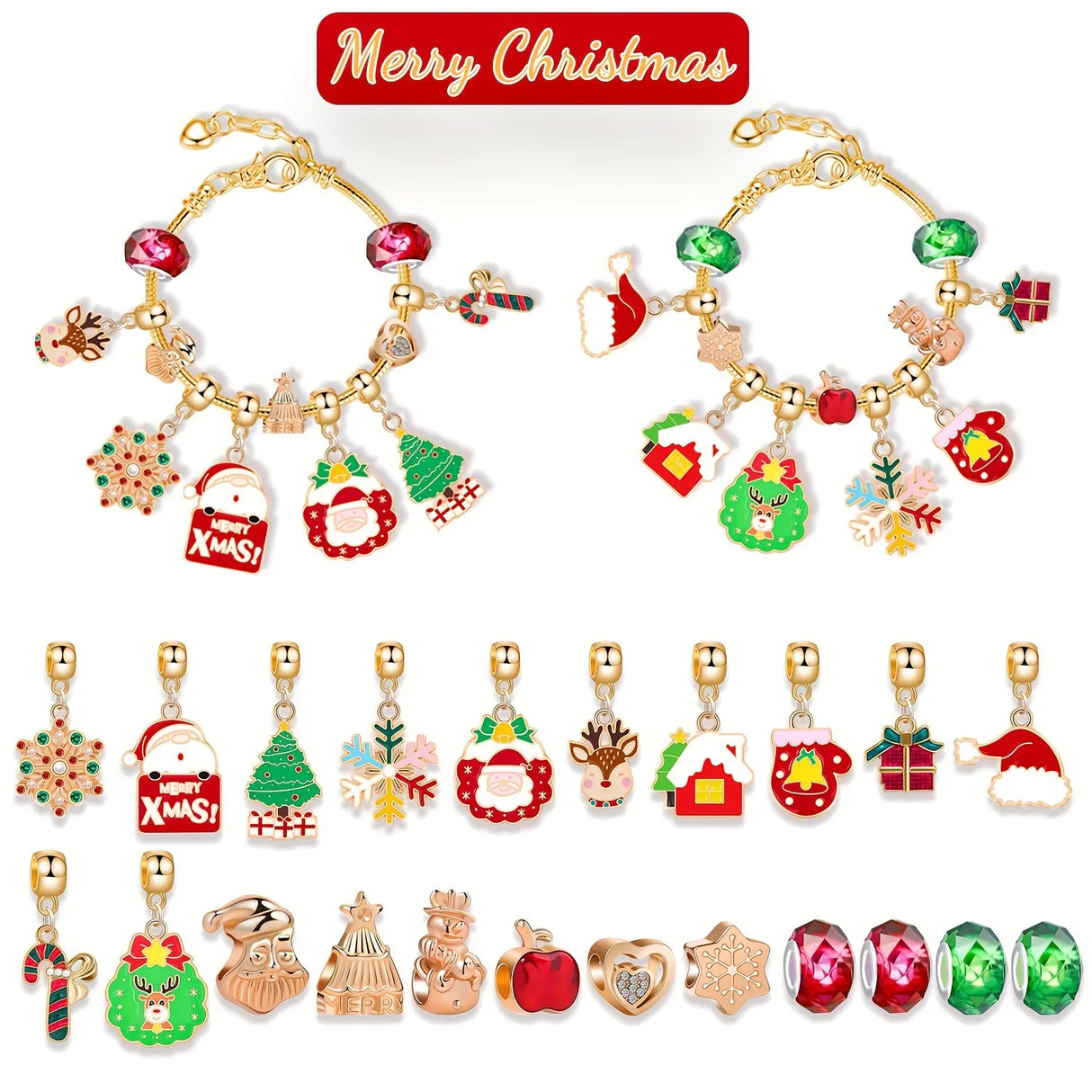 2025 24-Day Jewelry Countdown Calendar with 22 Gold Charm Beads & 2 Bracelets