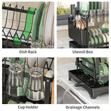 2-Tier Dish Drying Rack with Cutlery Holder, Cup Hooks & Draining Tray