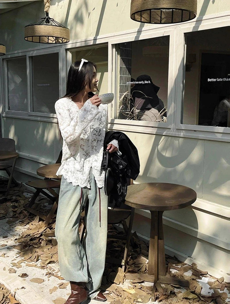 Y2K Lace Sheer Long Sleeve Blouse