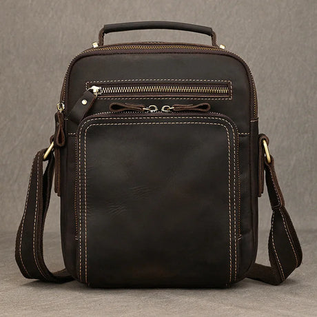 Vintage Crazy Horse Leather Crossbody Bag Dark Brown Casual Travel Shoulder Satchel for Men and Women