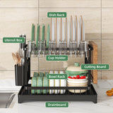 2-Tier Dish Drying Rack with Cutlery Holder, Cup Hooks & Draining Tray