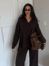 Brown V-Neck Knit Shirt and Pants