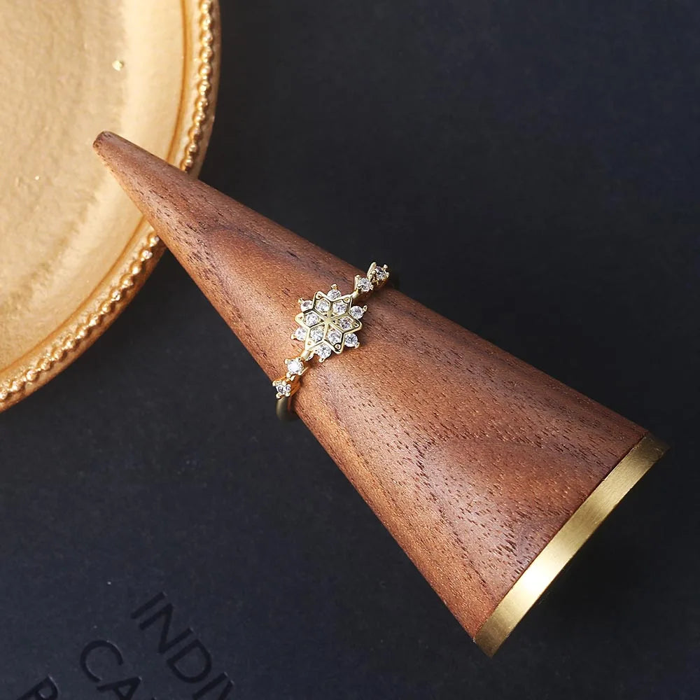 Snowflake Ring for Women – Korean Cute Zircon Light Gold Wedding Ring | Wholesale Fashion Jewelry Christmas Gift KCR093