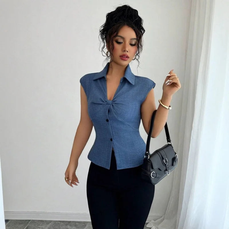 Women’s Elegant Summer Imitation V-Neck Jean Top