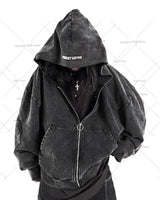 Retro Washed Embroidered Men's Hoodie Hip-Hop Streetwear Cotton Oversized Zip-Up Hooded Sweatshirt Stylish Couple's Activewear