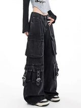 Black Gothic Punk Multi-Pocket Zipper Denim Jeans – Y2K Baggy