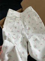 White Floral Straight Jeans for Women