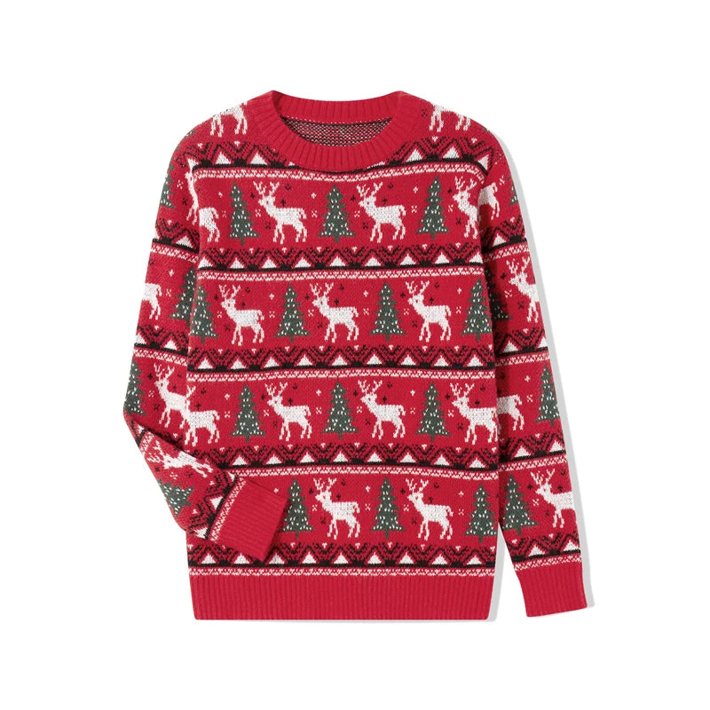 Matching Family Christmas Sweaters – Snowflake & Reindeer Knitted Long Sleeve Pullovers | Holiday Round Neck Jersey Tops