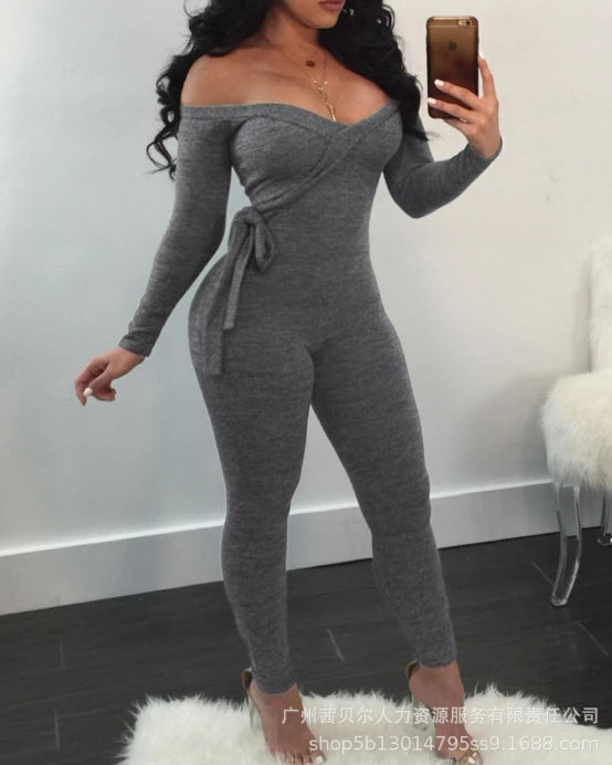 Sexy V-Neck Off Shoulder Jumpsuit – Women’s Slim Fit One Piece