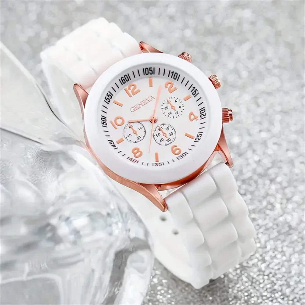 6PCS/Set Women's Watches Casual Silicone Band Analog Quartz Watch Heart Pearls Jewelry Set (Without Box)