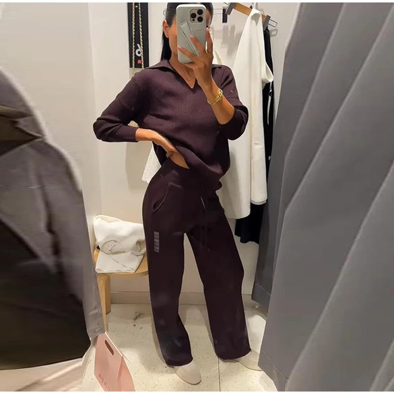 Brown V-Neck Knit Shirt and Pants