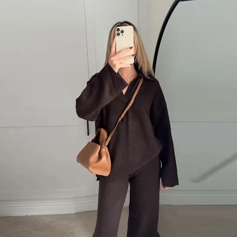 Brown V-Neck Knit Shirt and Pants