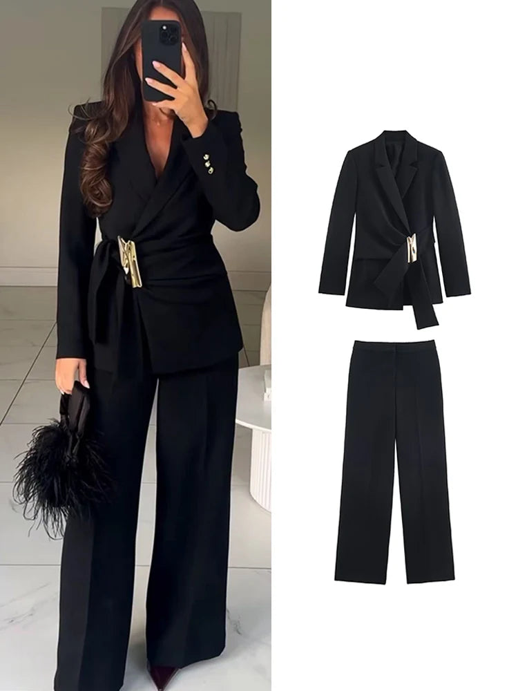 Women’s Two Piece Office Set – Chic Blazer Coat and High Waist Pants