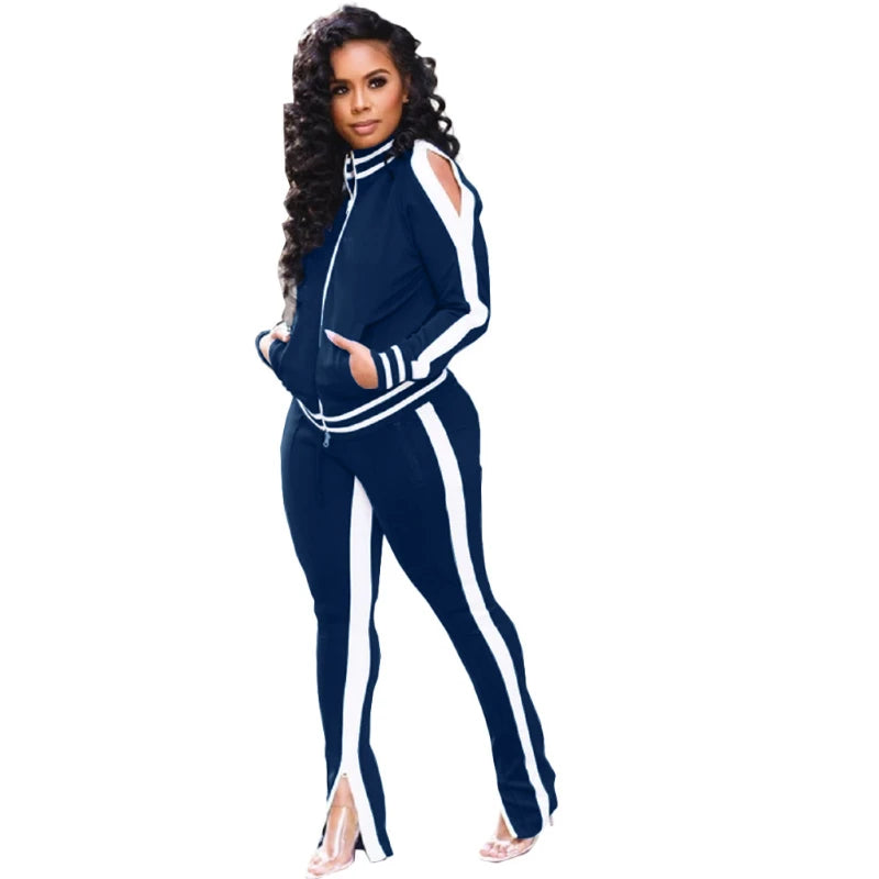 Women’s Two Piece Sports Casual Set – Patchwork Zipper Jacket and Pants