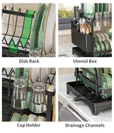 2-Tier Dish Drying Rack with Cutlery Holder, Cup Hooks & Draining Tray