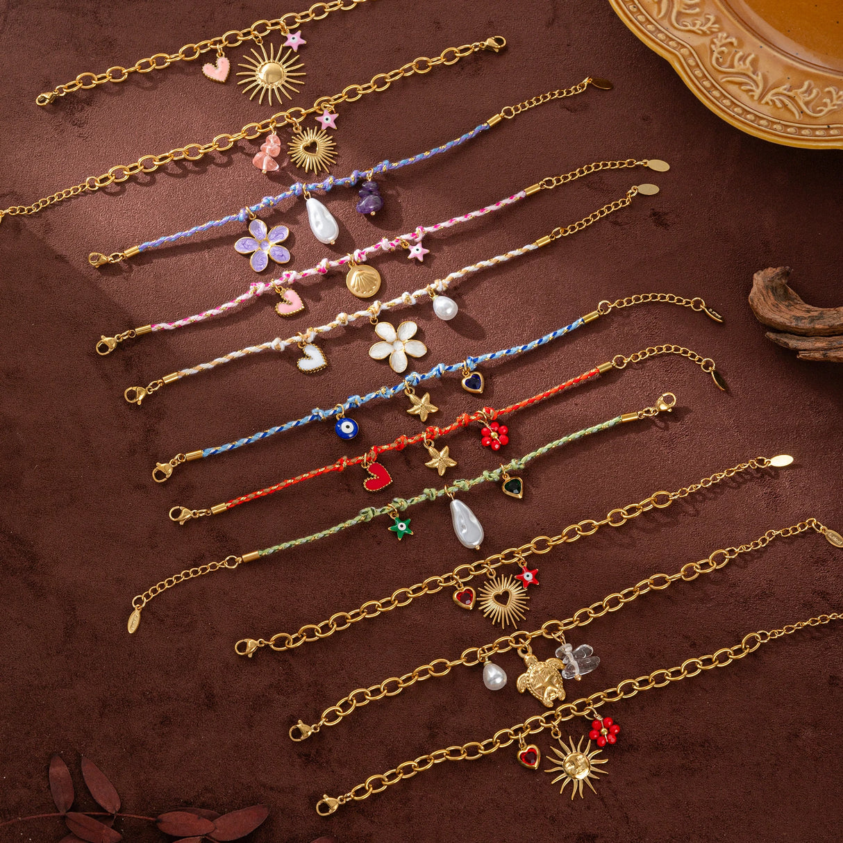Gold-Plated, Handmade, Colorful, Braided Bracelet with Multiple Pendants