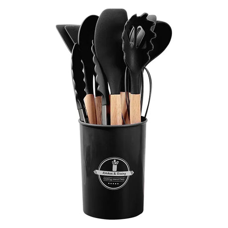 12PCS Silicone Kitchen Utensils Set – Non-Stick Cookware Tools with Wooden Handles