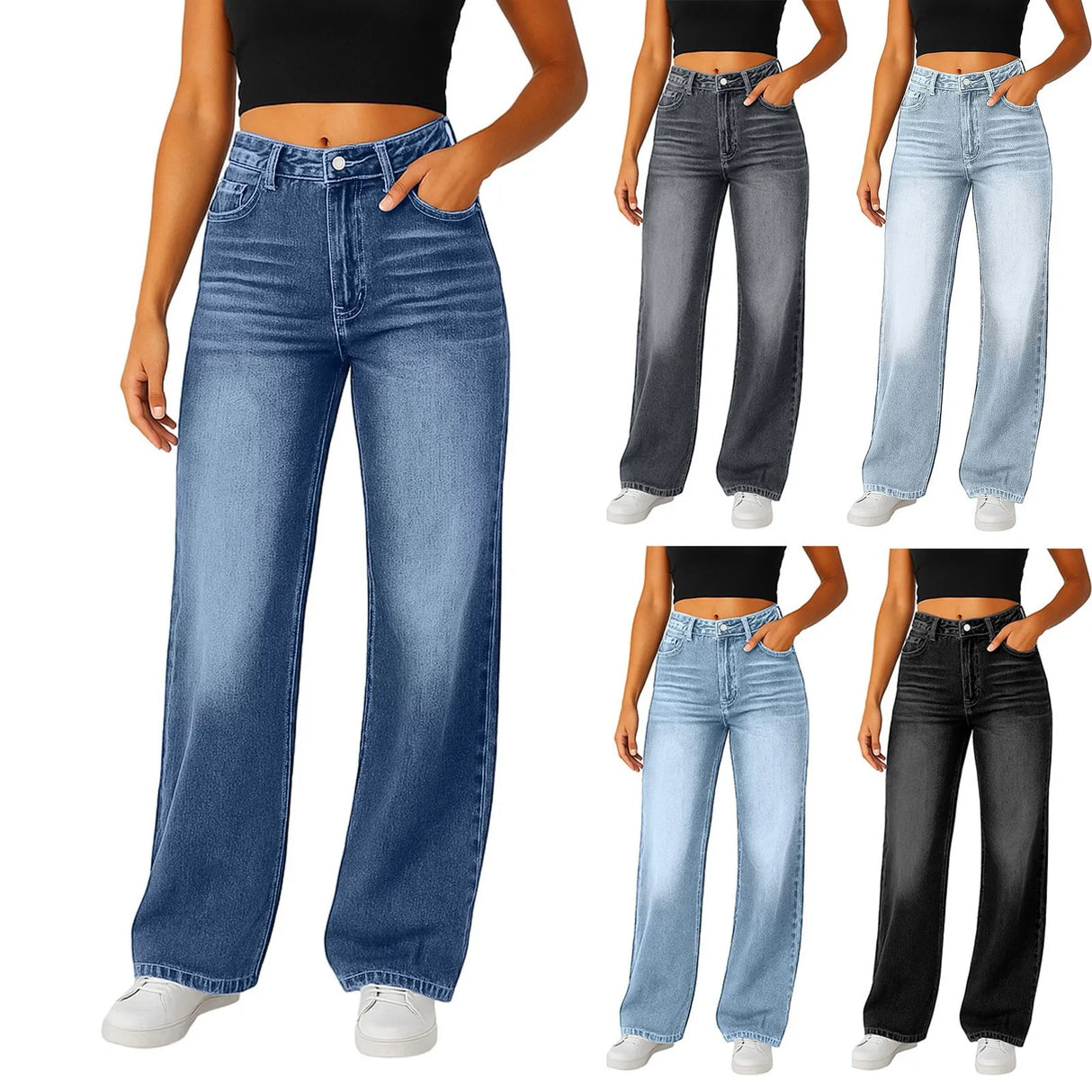 Wide-Leg Jeans for Women – Light Blue High-Waisted Loose-Fit Trousers | Simple Design Fashion Denim for Daily Wear