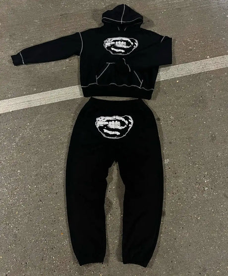 Men’s Y2K Hip-Hop Streetwear Set – Punk Gothic Embroidered Pullover & Casual Sportswear