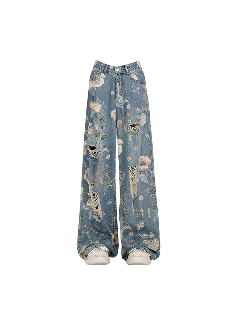 Women’s Vintage Blue Baggy Jeans – Ripped Y2K Cowboy Denim & Harajuku Graphic Print