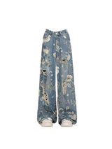 Women’s Vintage Blue Baggy Jeans – Ripped Y2K Cowboy Denim & Harajuku Graphic Print