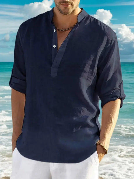 Men’s Classic Casual Stand-Up Collar V-Neck Long Sleeve Shirt