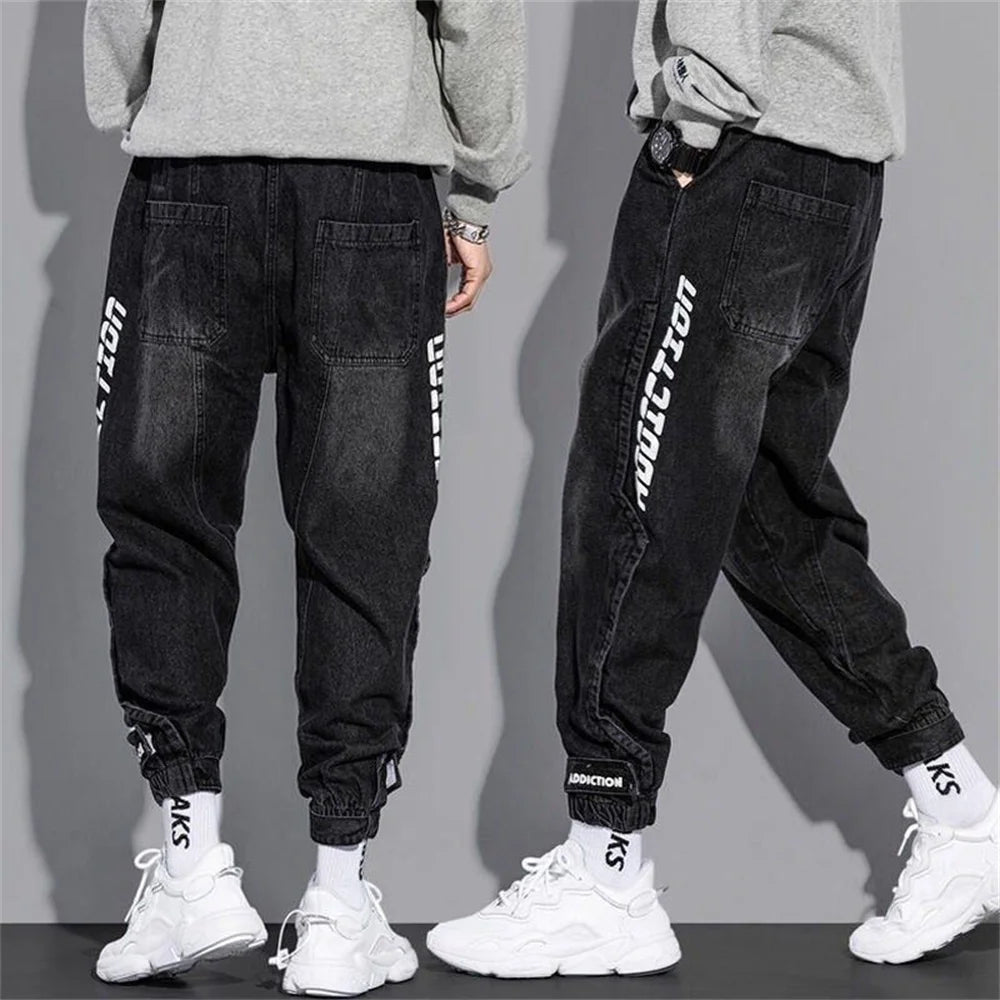 Men’s Baggy Harem Jeans Streetwear Loose Fit Tapered Moto Pants