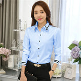 Women’s Long-Sleeve Slim Fit Office Shirt – White/Blue Formal Turn-Down Collar Blouse