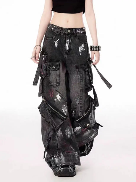 Black Gothic Punk Multi-Pocket Zipper Denim Jeans – Y2K Baggy
