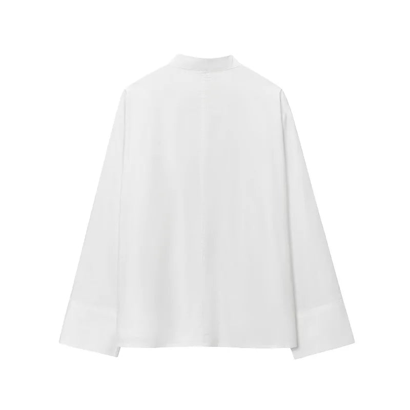 MUJER Women’s White Embroidered Button-Up Long Sleeve Summer Shirt